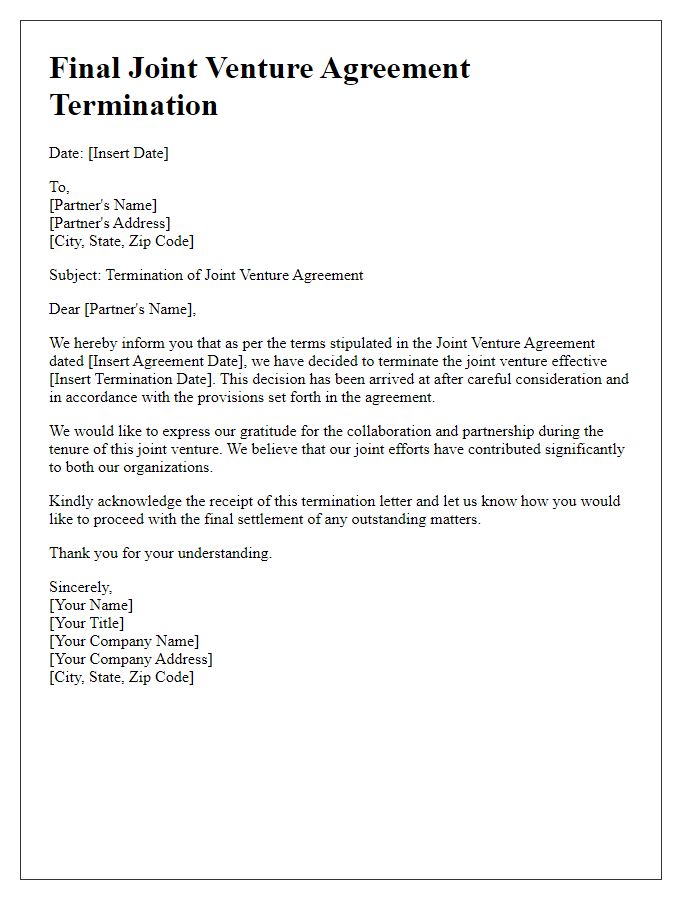 Letter template of final joint venture agreement termination