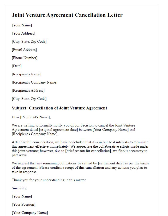 Letter template of joint venture agreement cancellation