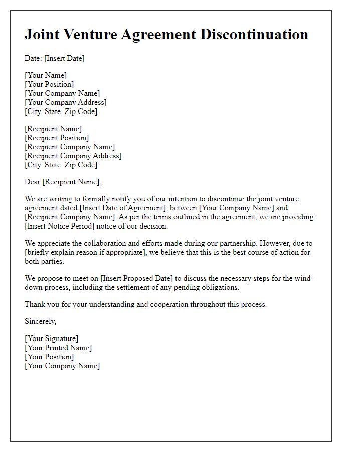 Letter template of joint venture agreement discontinuation