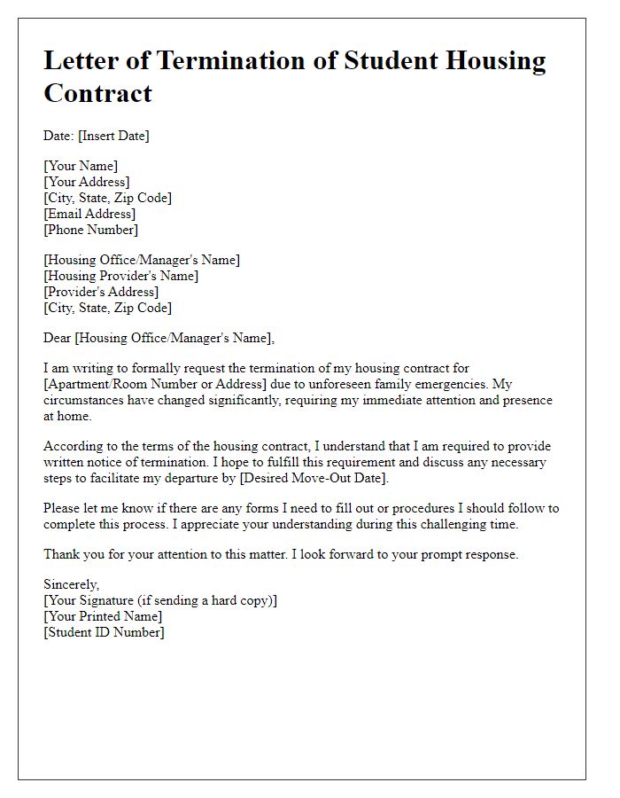 Letter template of student housing contract termination for family emergencies.