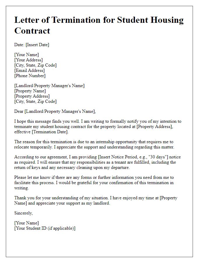 Letter template of student housing contract termination for internship opportunities.