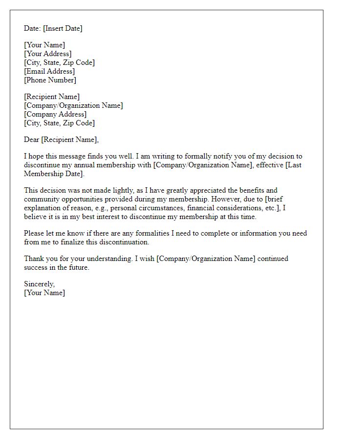 Letter template of annual membership discontinuation