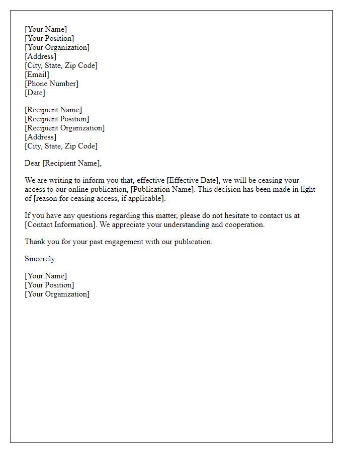 Letter template of ceasing online publication access