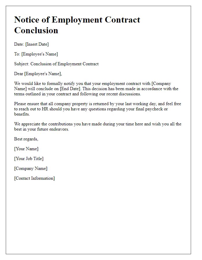 Letter template of alert regarding employment contract conclusion