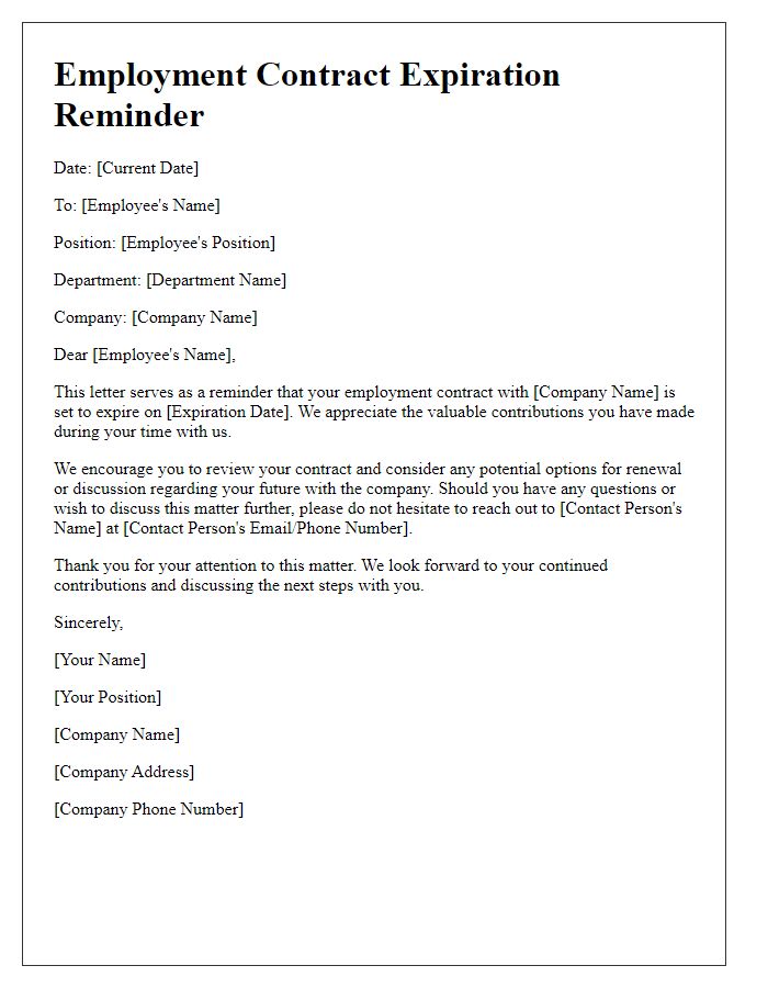 Letter template of employment contract expiration reminder