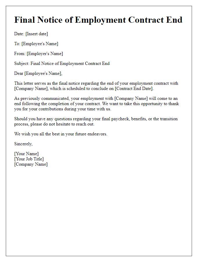 Letter template of final notice for employment contract end