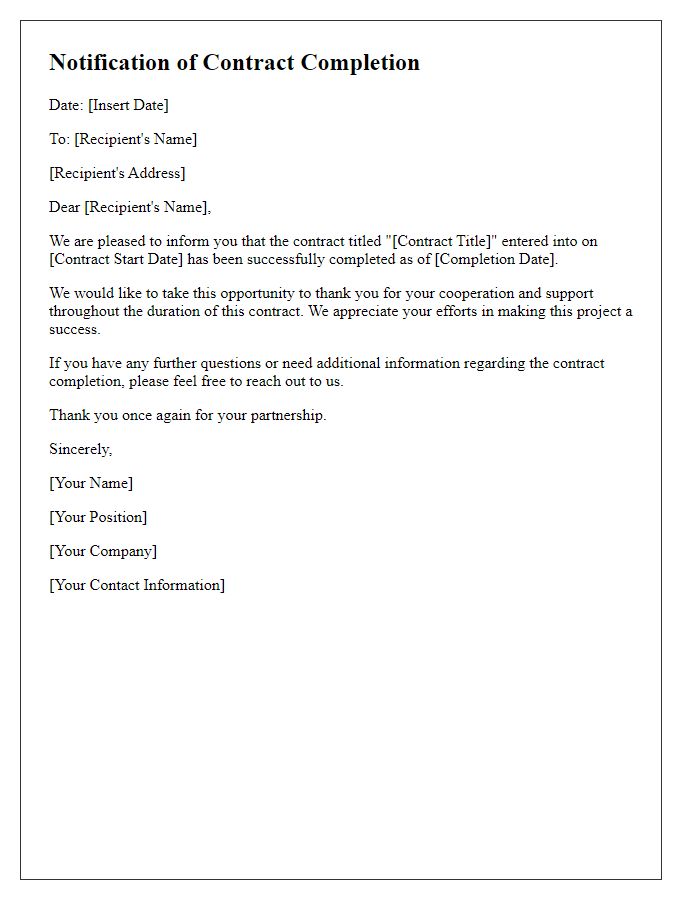 Letter template of notification about contract completion