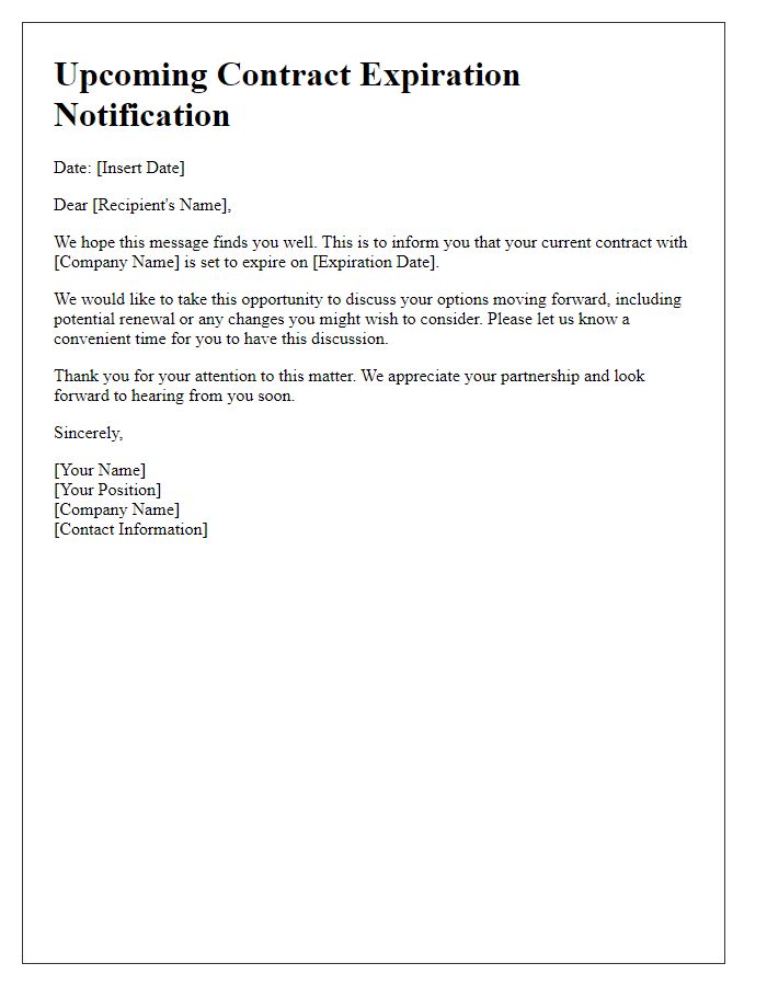 Letter template of upcoming contract expiration notification