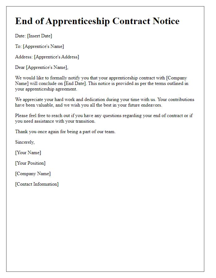 Letter template of apprenticeship end of contract notice