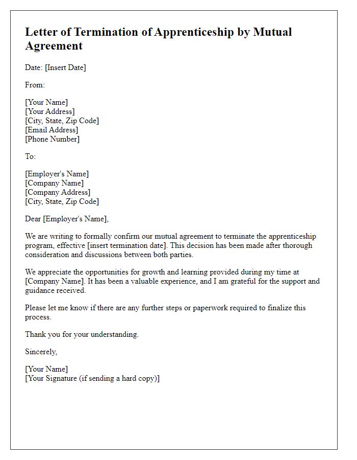 Letter template of apprenticeship termination for mutual agreement