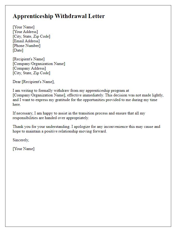 Letter template of apprenticeship withdrawal formal letter