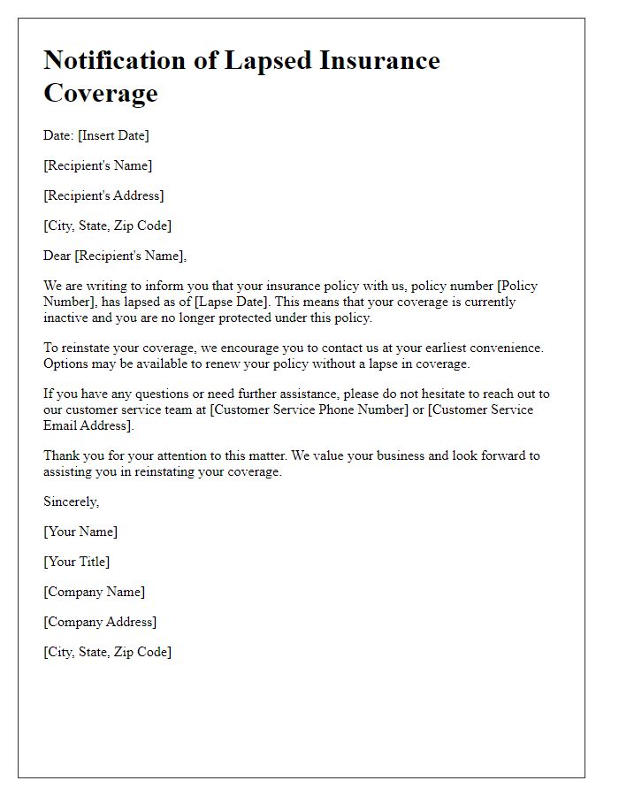 Letter template of notification for lapsed insurance coverage