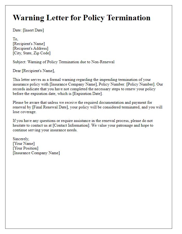 Letter template of warning for policy termination due to non-renewal