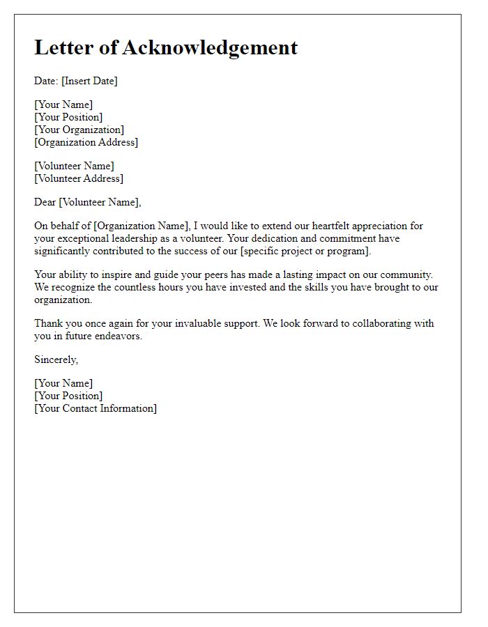 Letter template of acknowledgement for volunteer leadership