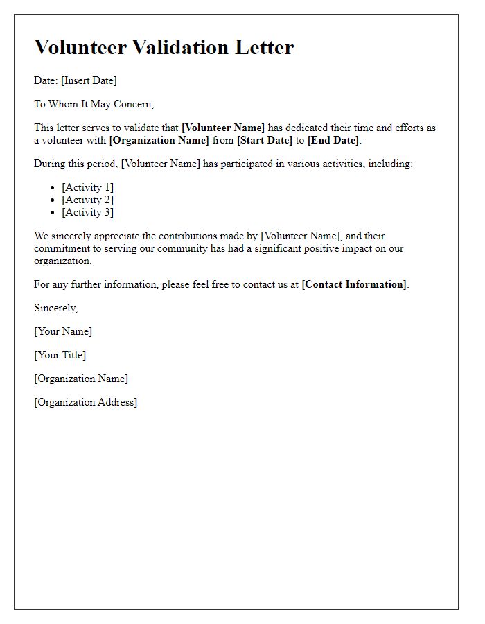 Letter template of validation for dedicated volunteer activities