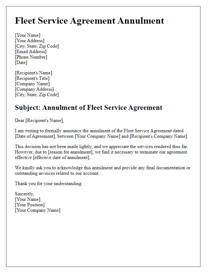 Letter template of fleet service agreement annulment