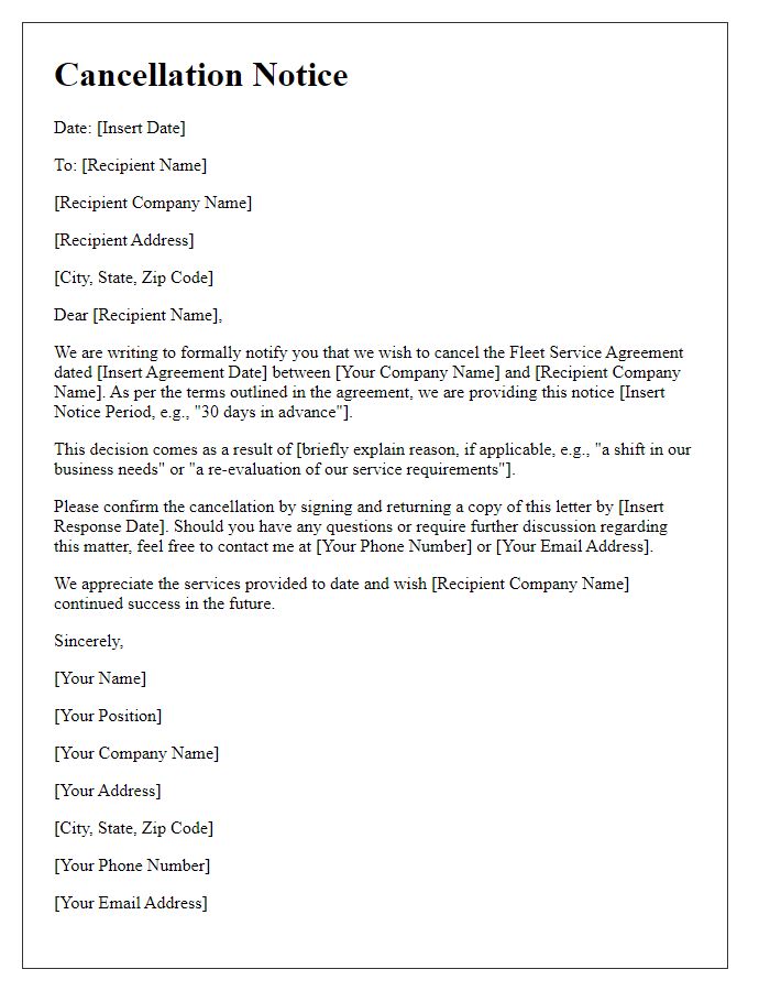 Letter template of fleet service agreement cancellation notice