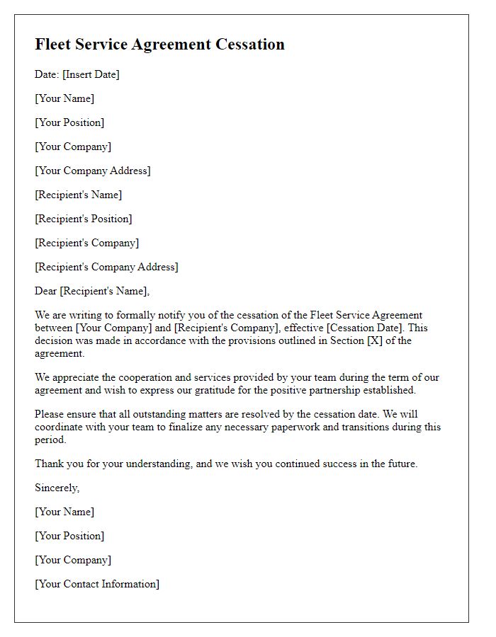 Letter template of fleet service agreement cessation