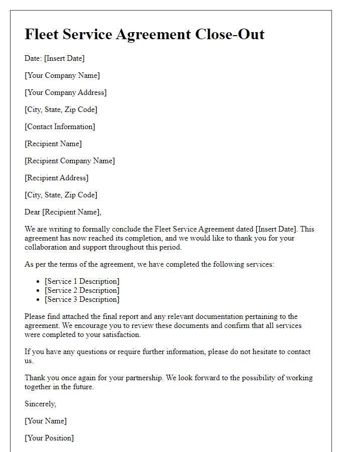 Letter template of fleet service agreement close-out