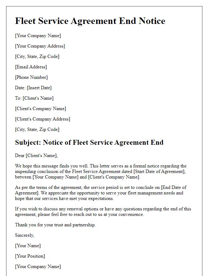 Letter template of fleet service agreement end notice