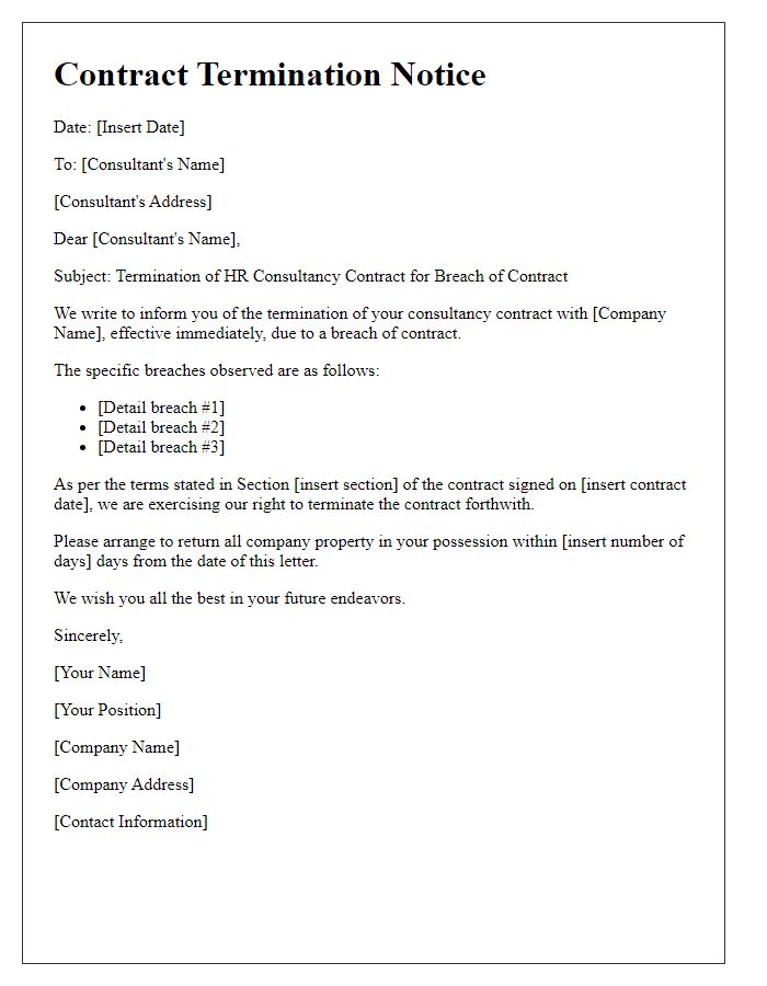 Letter template of HR consultancy contract termination for breach of contract.