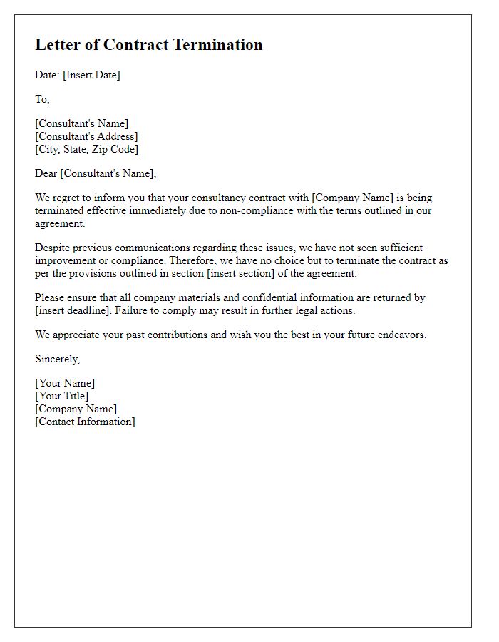 Letter template of HR consultancy contract termination for non-compliance.