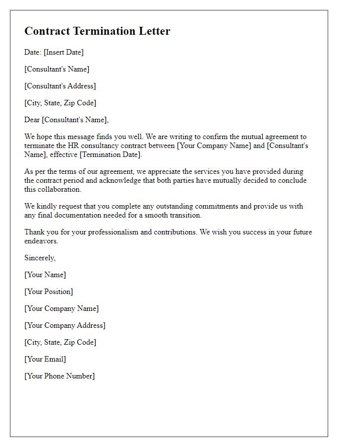 Letter template of HR consultancy contract termination upon mutual agreement.