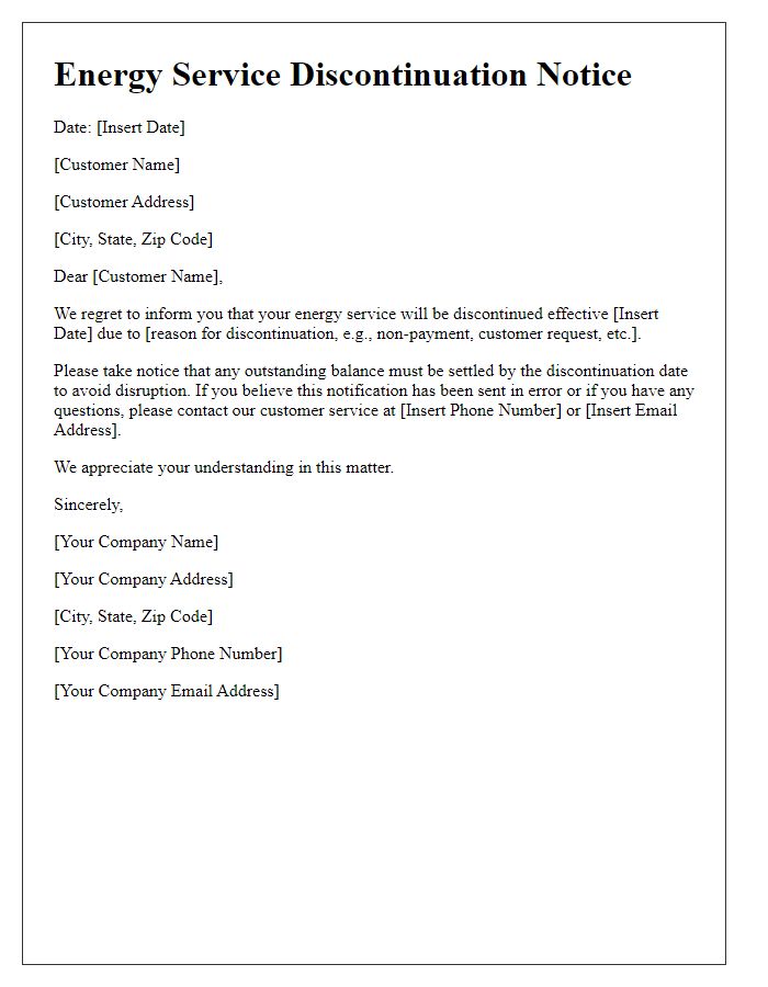 Letter template of energy service discontinuation notice