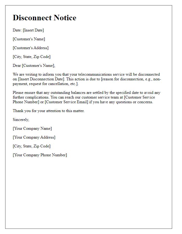 Letter template of telecommunications disconnect notice