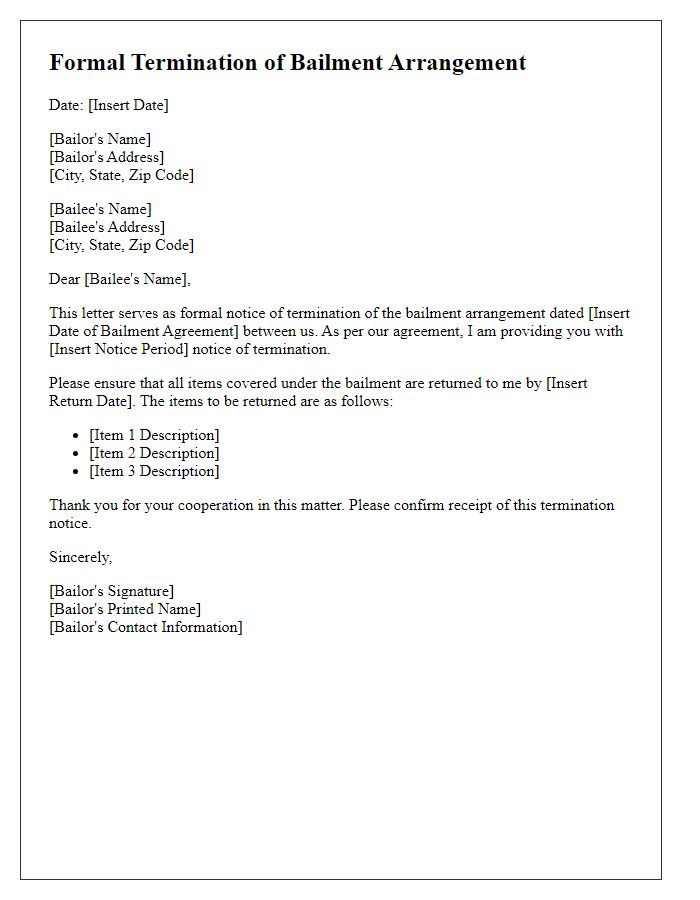 Letter template of Formal Termination of Bailment Arrangement