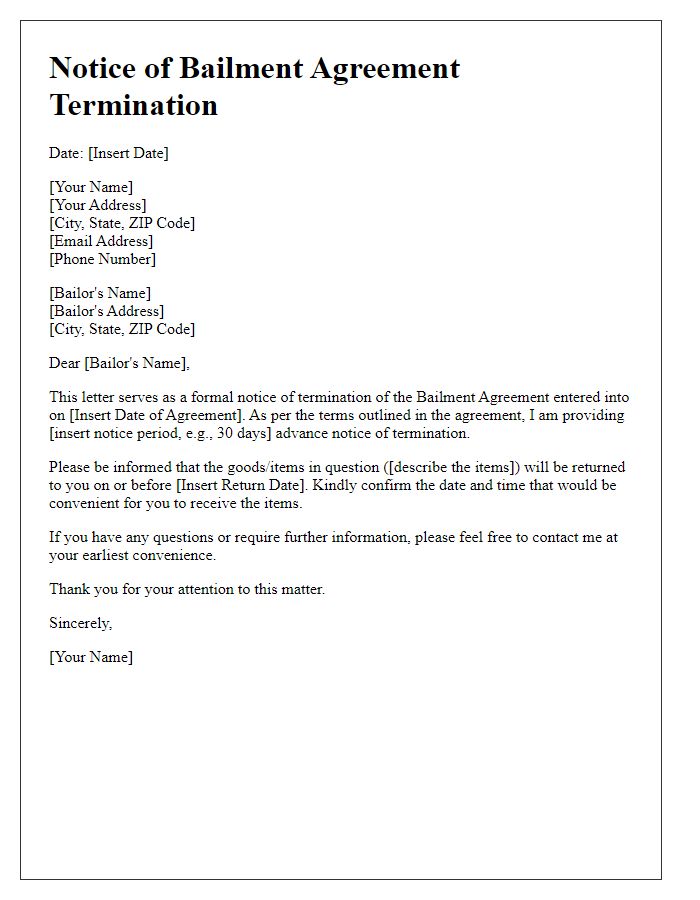 Letter template of Notice of Bailment Agreement Termination