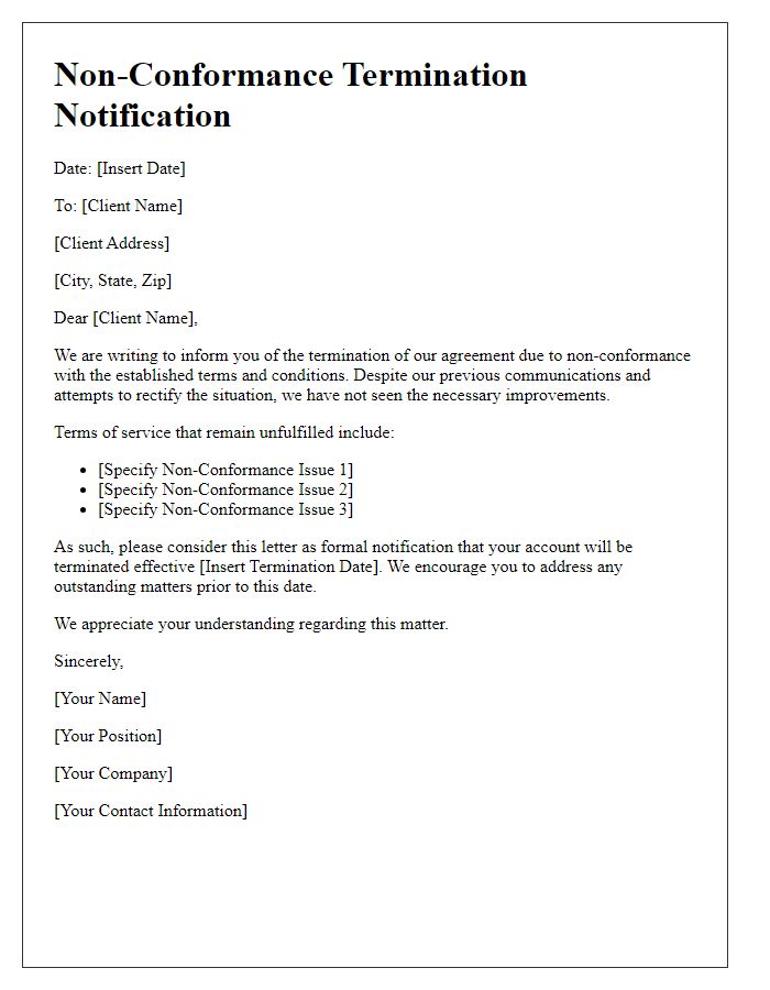 Letter template of Non-Conformance Termination Notification for Clients