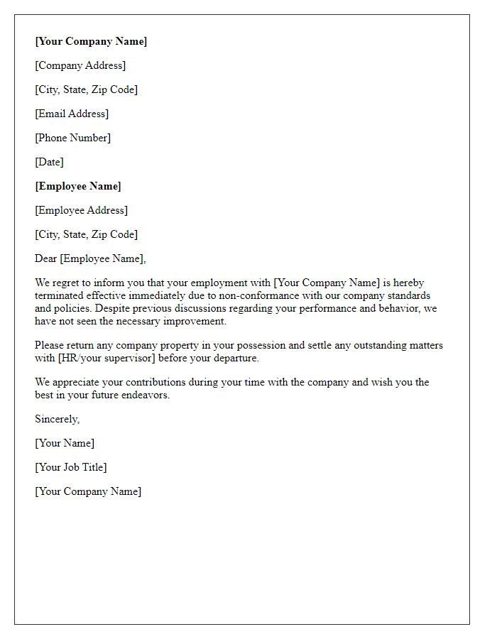 Letter template of Non-Conformance Termination Notification for Employees