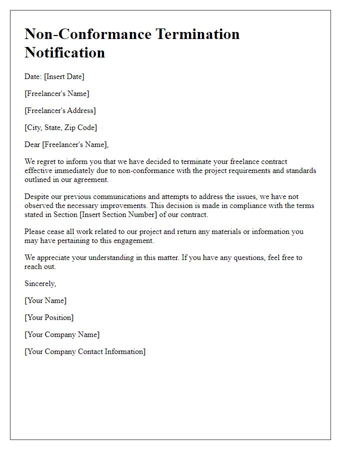 Letter template of Non-Conformance Termination Notification for Freelancers