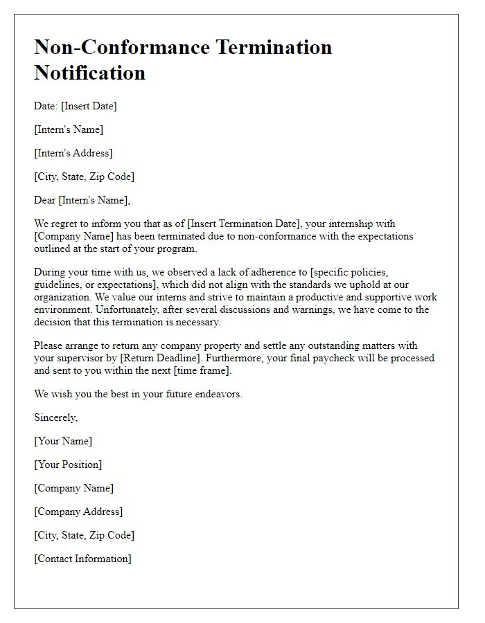 Letter template of Non-Conformance Termination Notification for Interns