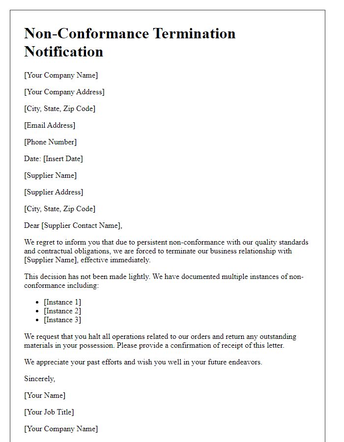 Letter template of Non-Conformance Termination Notification for Suppliers