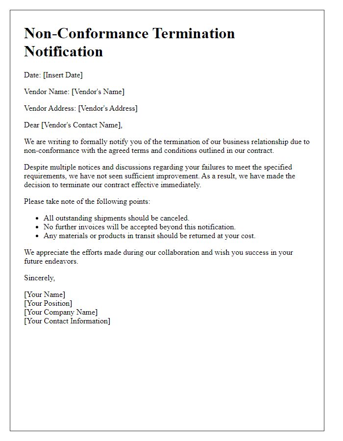 Letter template of Non-Conformance Termination Notification for Vendors