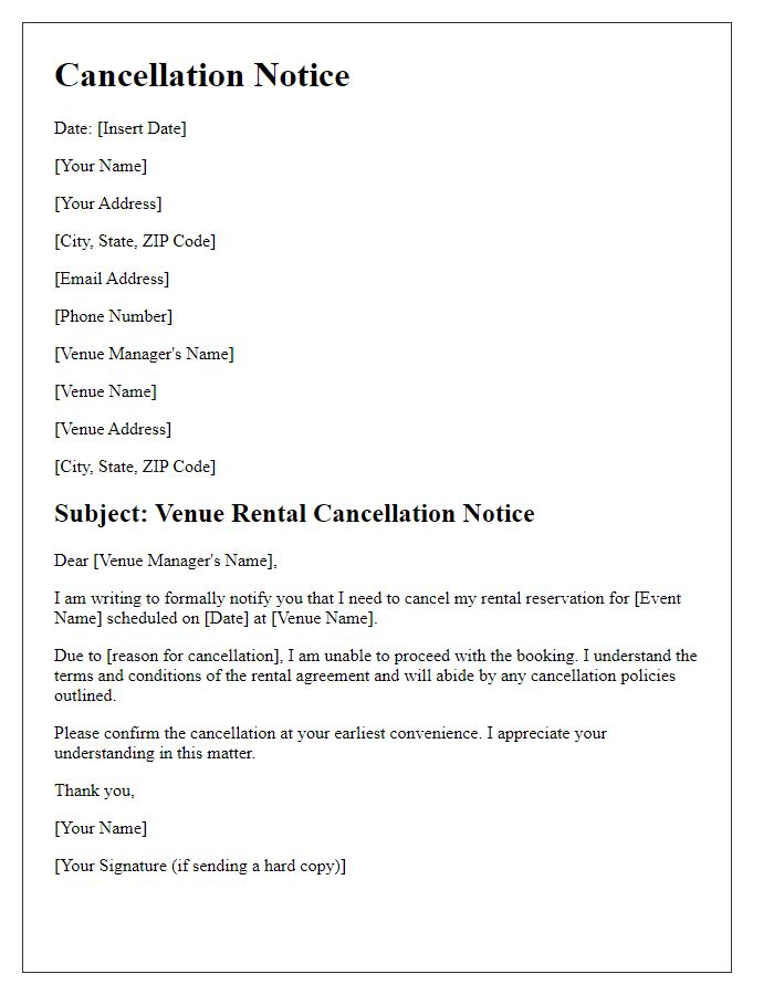 Letter template of cancellation notice for venue rental