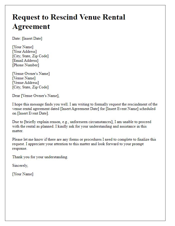 Letter template of request to rescind venue rental agreement