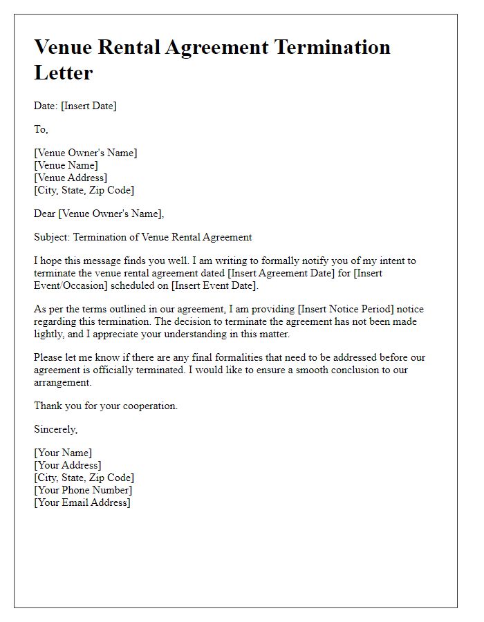 Letter template of venue rental agreement termination