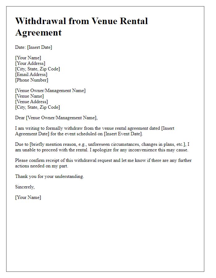 Letter template of withdrawal from venue rental agreement