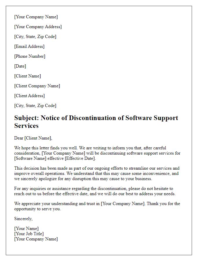 Letter template of discontinuation of software support services