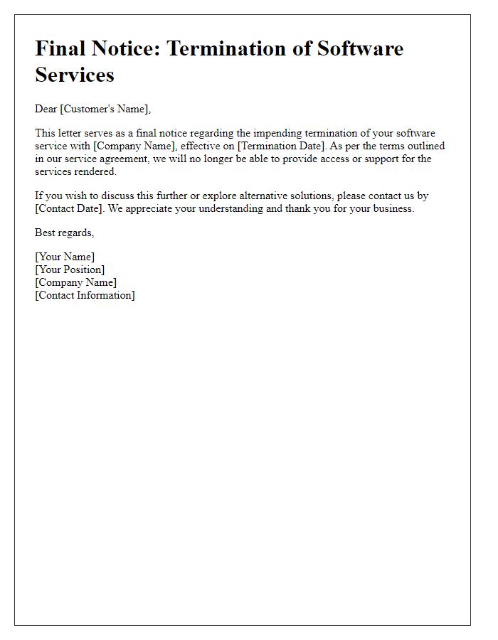 Letter template of final notice for software service ending