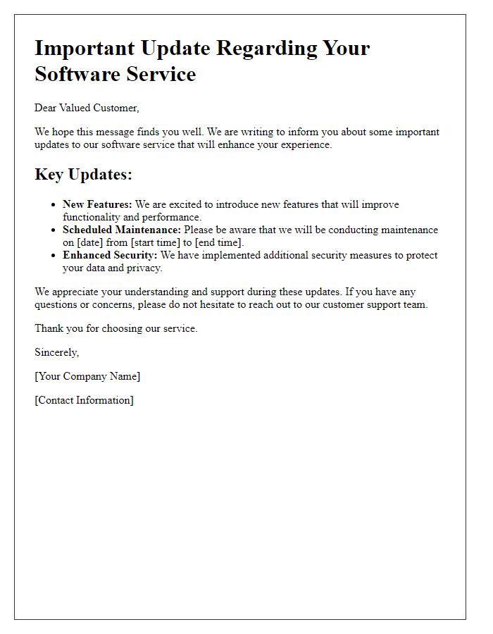 Letter template of important updates regarding your software service