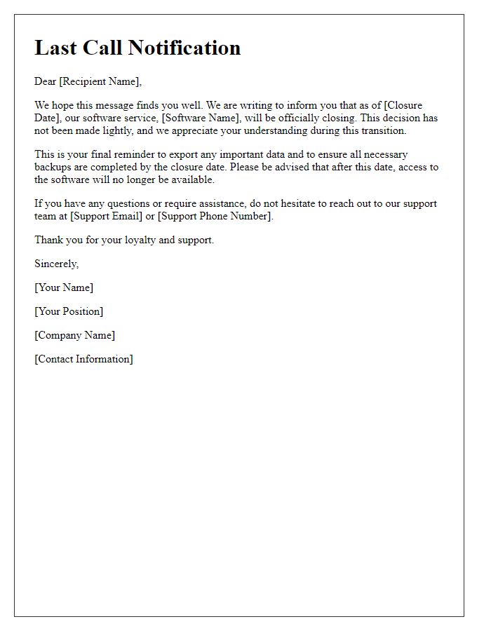 Letter template of last call for software service closure