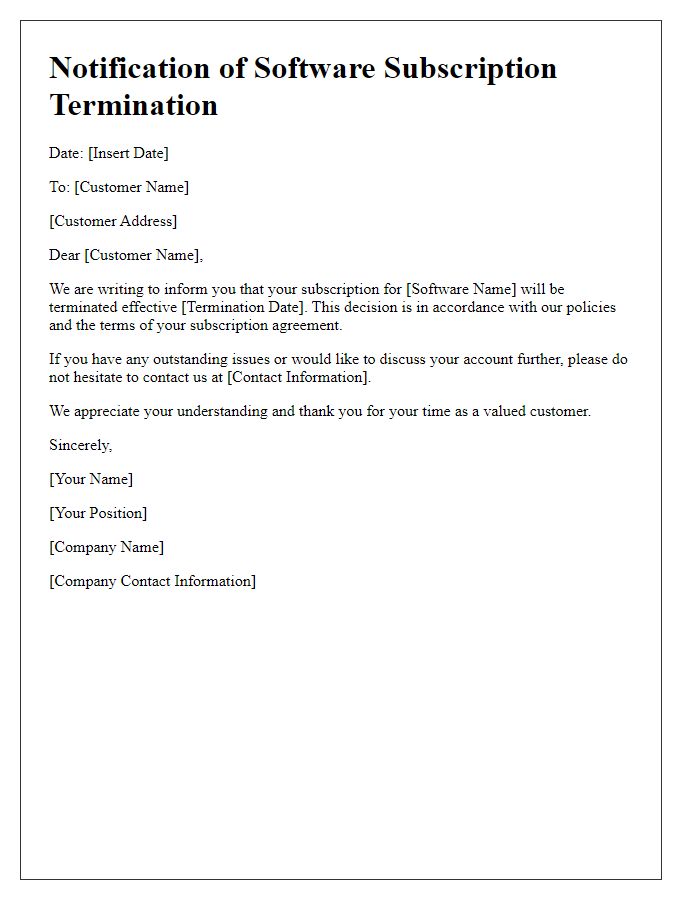 Letter template of notification for software subscription termination