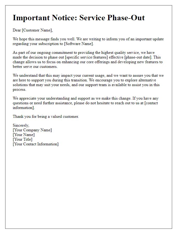 Letter template of service phase-out for software customers