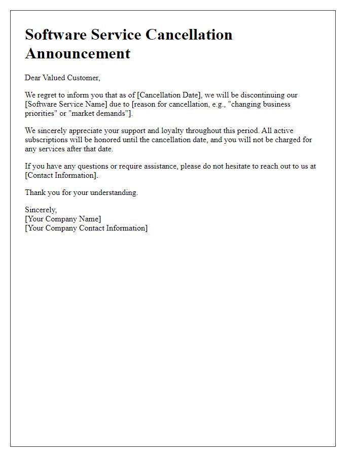 Letter template of software service cancellation announcement