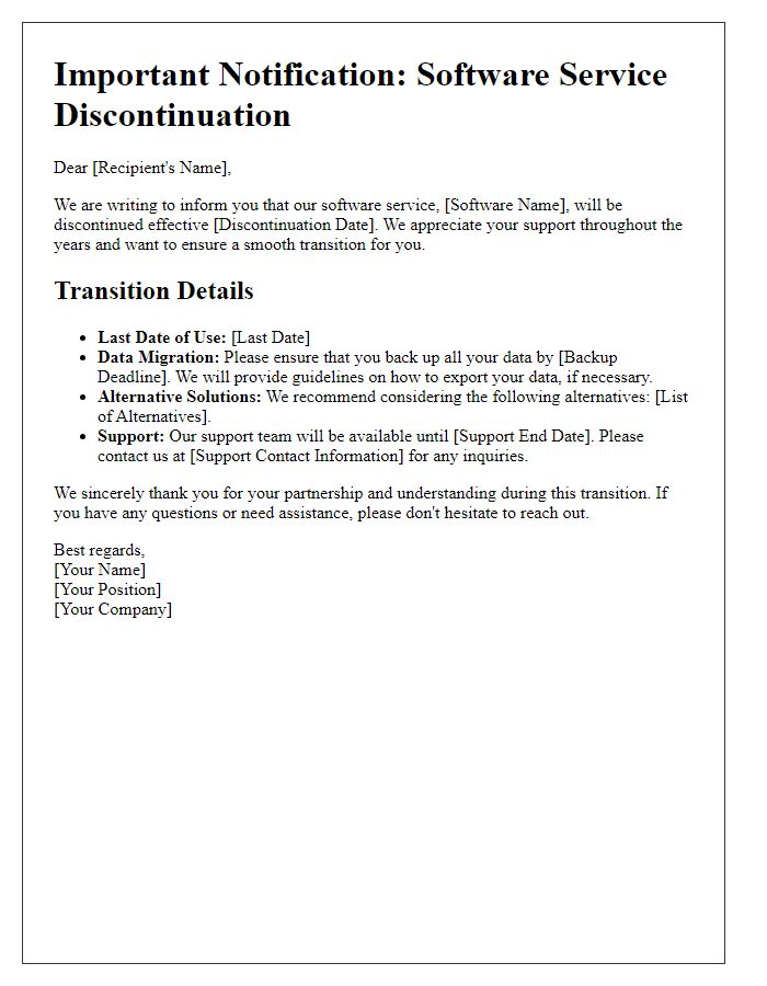 Letter template of transition details for software service discontinuation