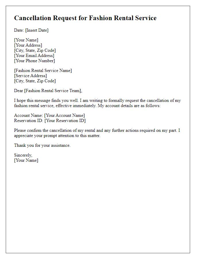 Letter template of fashion rental service cancellation request